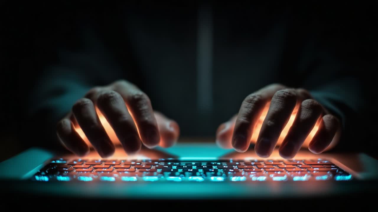Illuminated Keyboard Interaction: Captivating Close-Up of Hands Typing on a High-Tech Keyboard Showcasing Light Effects in a Dark Environment