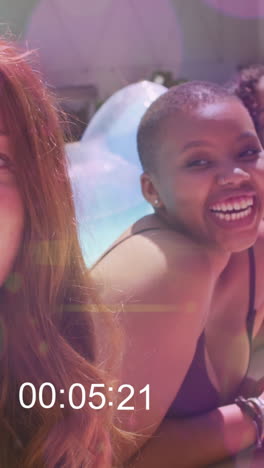 animation of video over happy diverse female friends in pool taking self movie