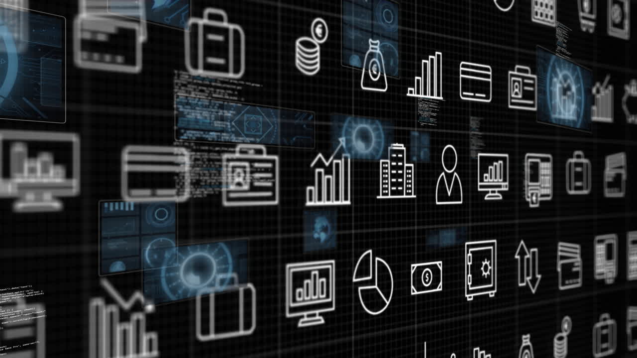 Financial icons and data processing animation over digital grid background