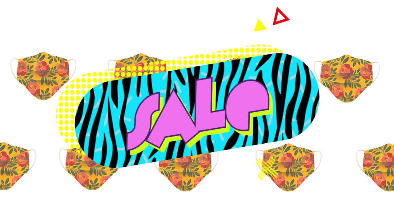 파란색 배너와  ⁇ 색 배경에 얼굴 마스크 위에 판매 텍스트의 애니메이션