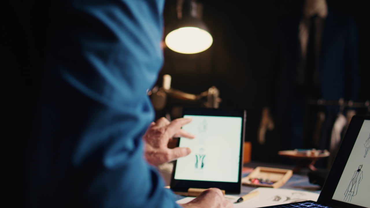 Old couturier checking fashion sketches