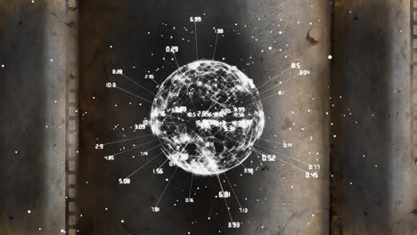 Globe-with-interconnected-points-and-numerical-data-animation-over-grunge-background