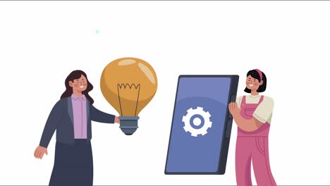 mujeres de negocios con bombillas y teléfonos inteligentes
