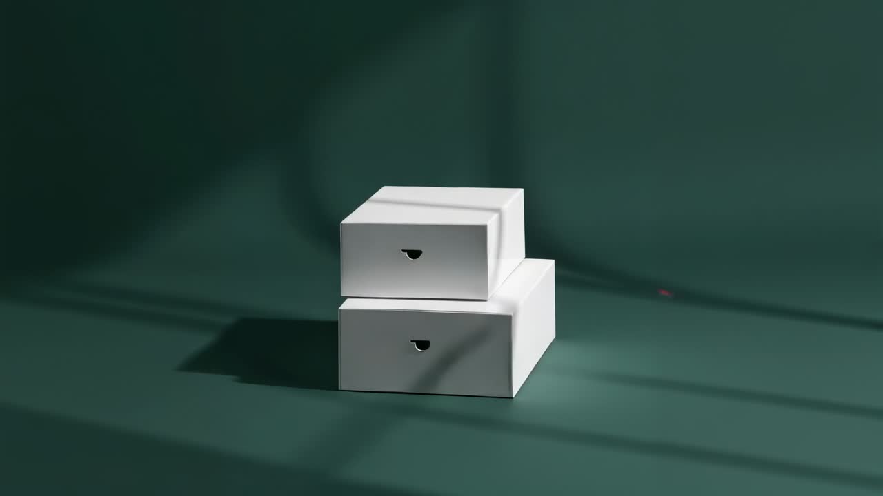 After stillness stacked white boxes rotating clockwise on green backdrop, revealing side faces