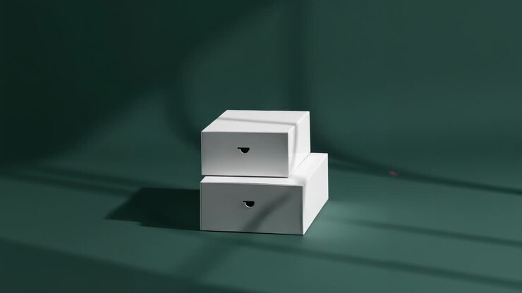 After stillness stacked white boxes rotating clockwise on green backdrop, revealing side faces