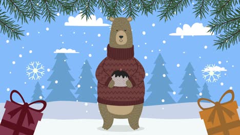 merry christmas animation with bear and gifts