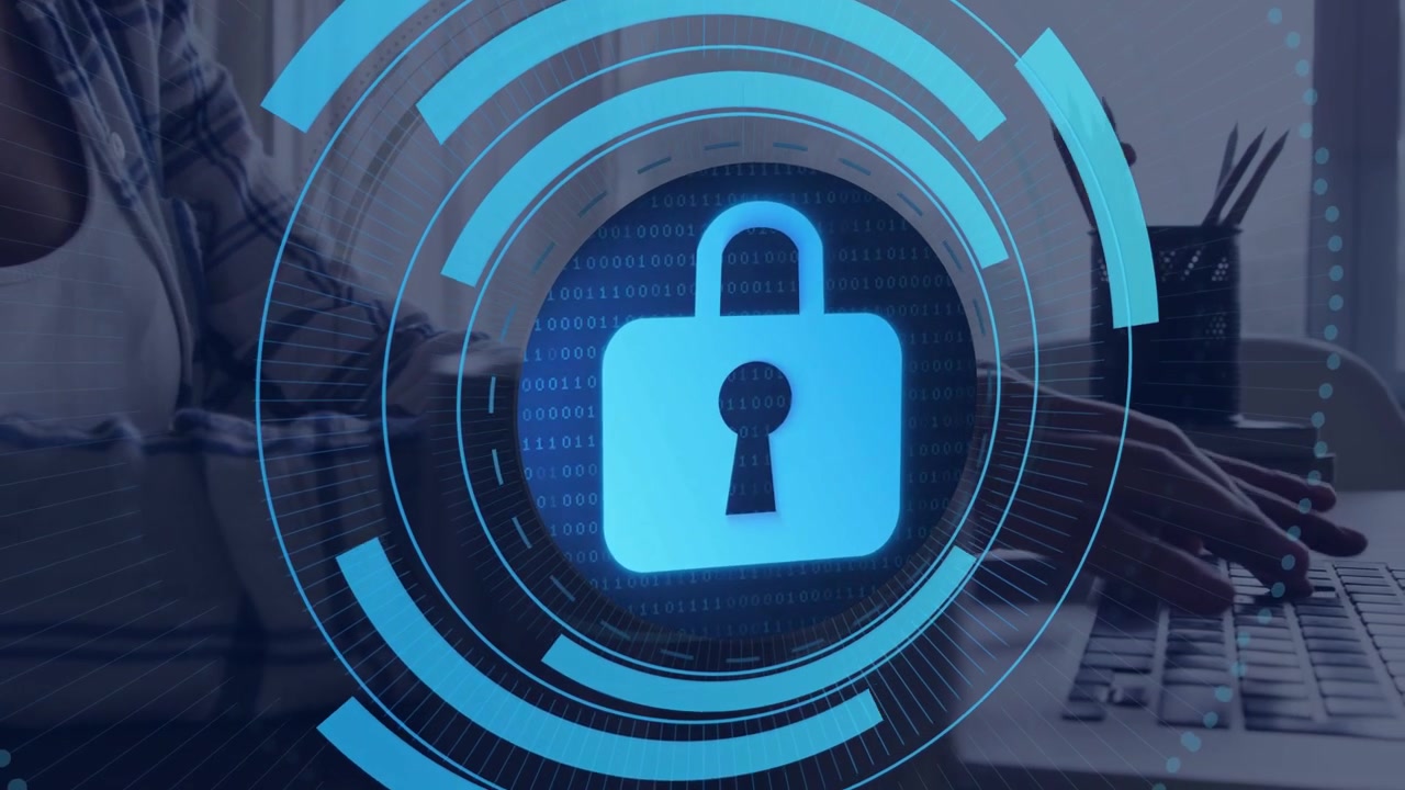 Seated woman typing, HUD appearing over laptop, padlock pulsing, protecting data for cybersecurity