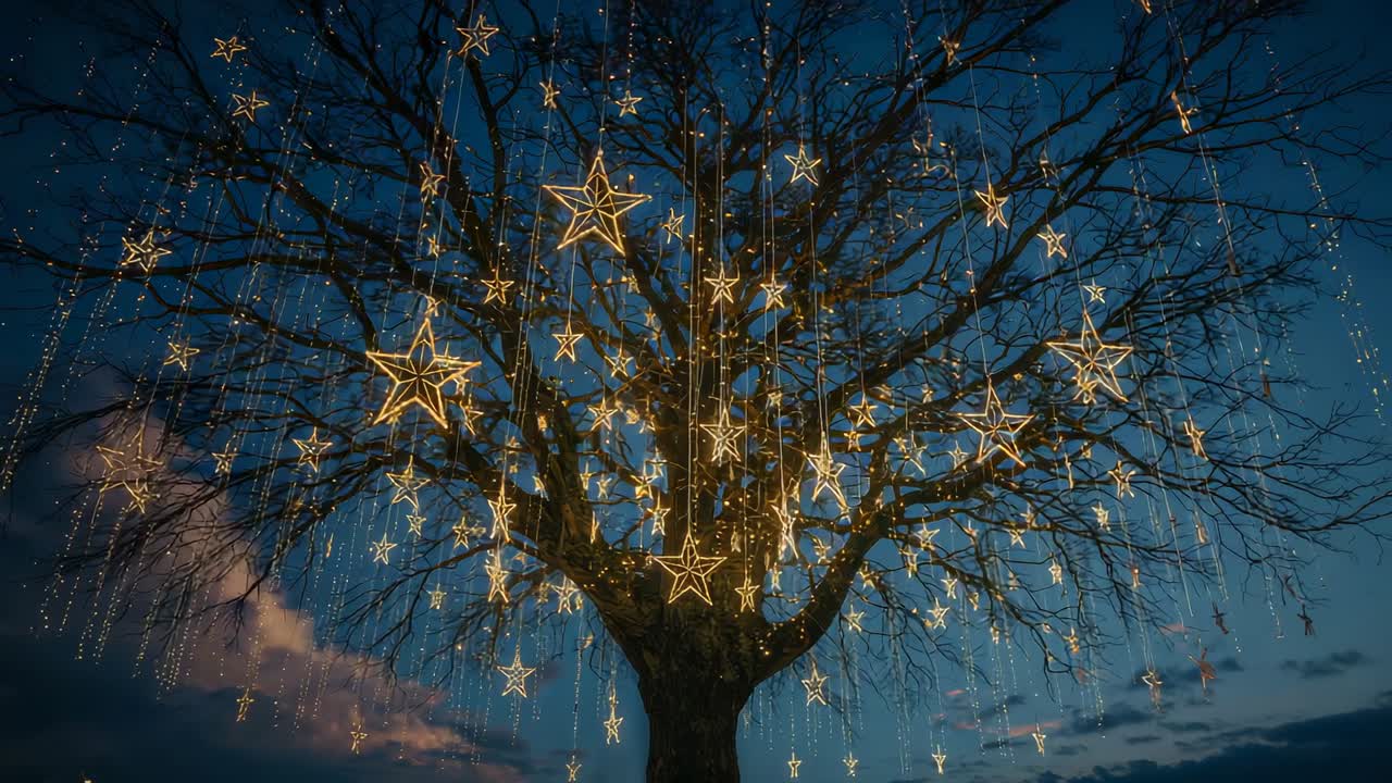Following small stars, star ornaments, bead lights illuminating tree in garden at dusk pulsing