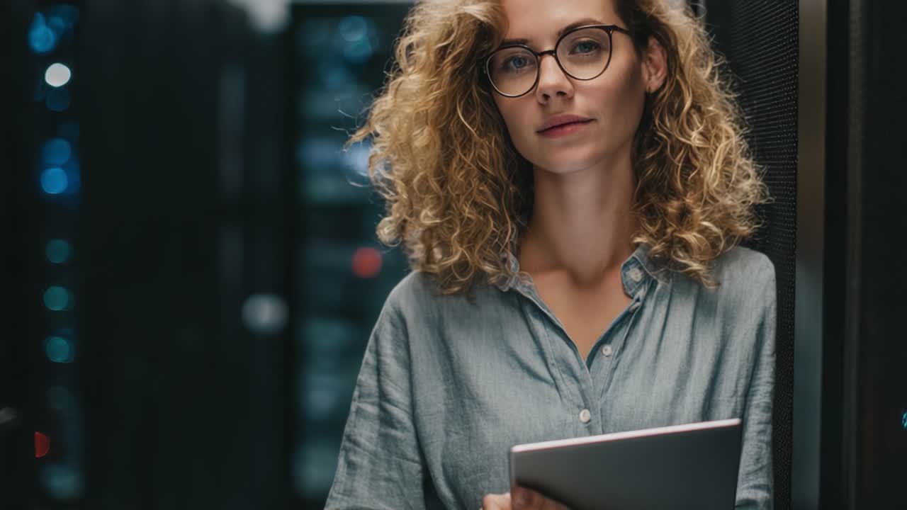 A confident young woman stands amidst rows of server racks, holding a tablet. Her curly hair and glasses highlight her focus and professionalism in a tech environment