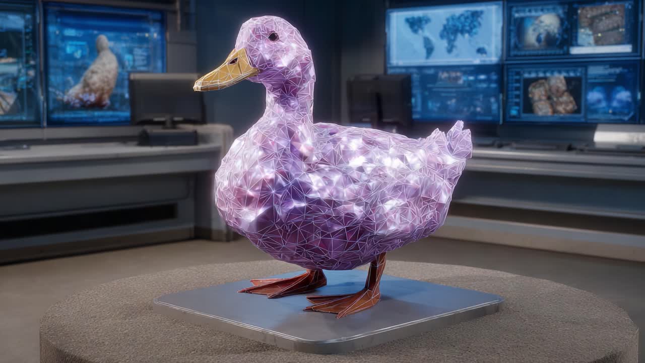 Lifelike Digital Duck Model Showcasing Advanced 3D Rendering Techniques in a Futuristic Laboratory Setting with Detailed Environmental Visuals