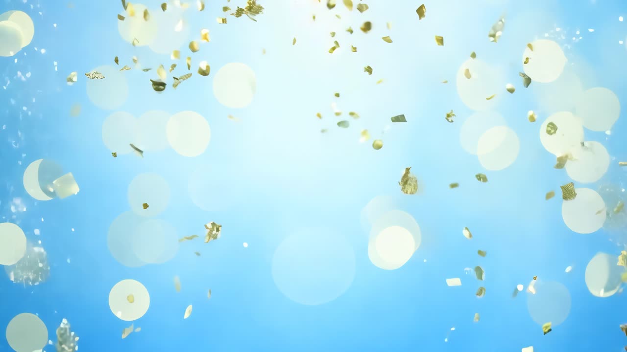 A blue sky with many white circles scattered throughout. The circles are of varying sizes and are scattered all over the sky. Concept of freedom and openness, as if the sky is vast and endless