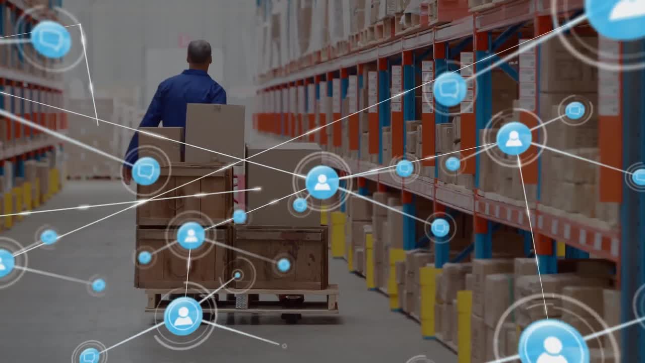 animación de la red de conexiones sobre el hombre que trabaja en el almacén