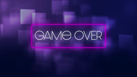 animation of game over text over glowing squares on purple background