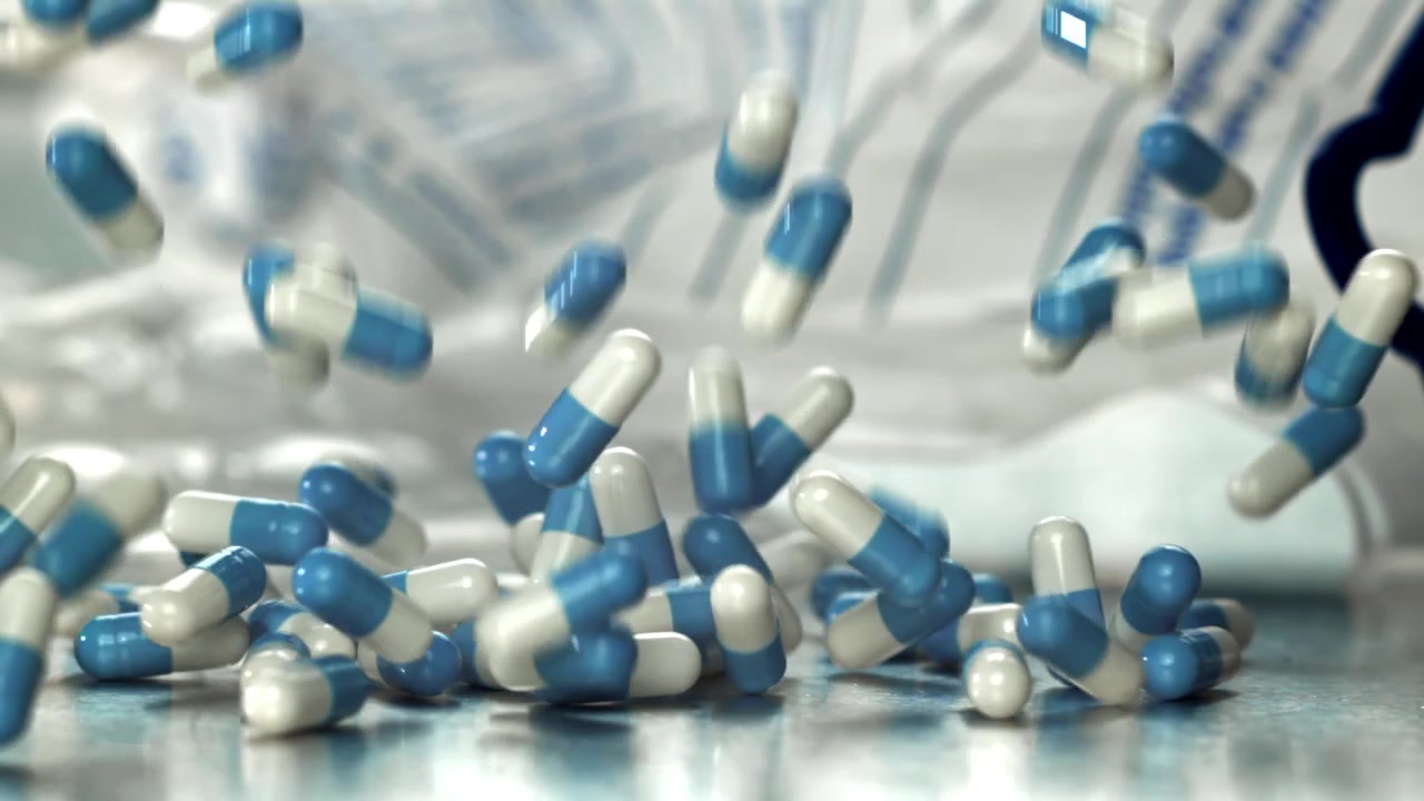 Capsule mediche blu e bianche che cadono al rallentatore