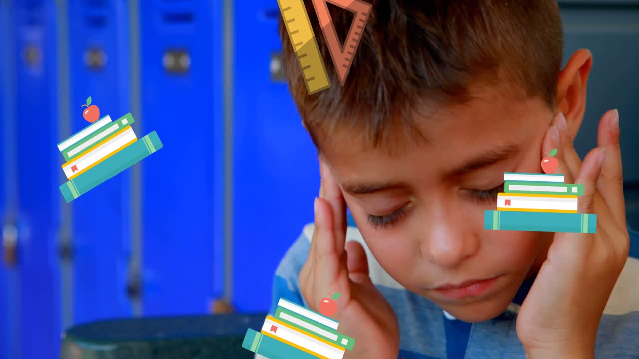 Animazione di icone di materiale scolastico che si muovono su uno scolaro