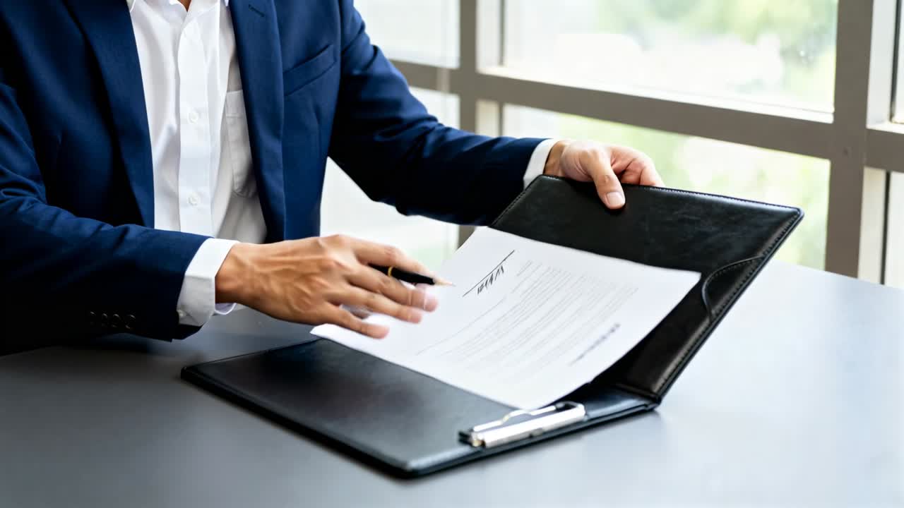 Finalizando a revisão do contrato, homem sentado de terno azul-marinho colocando a caneta na prancheta preta e apertando as mãos.