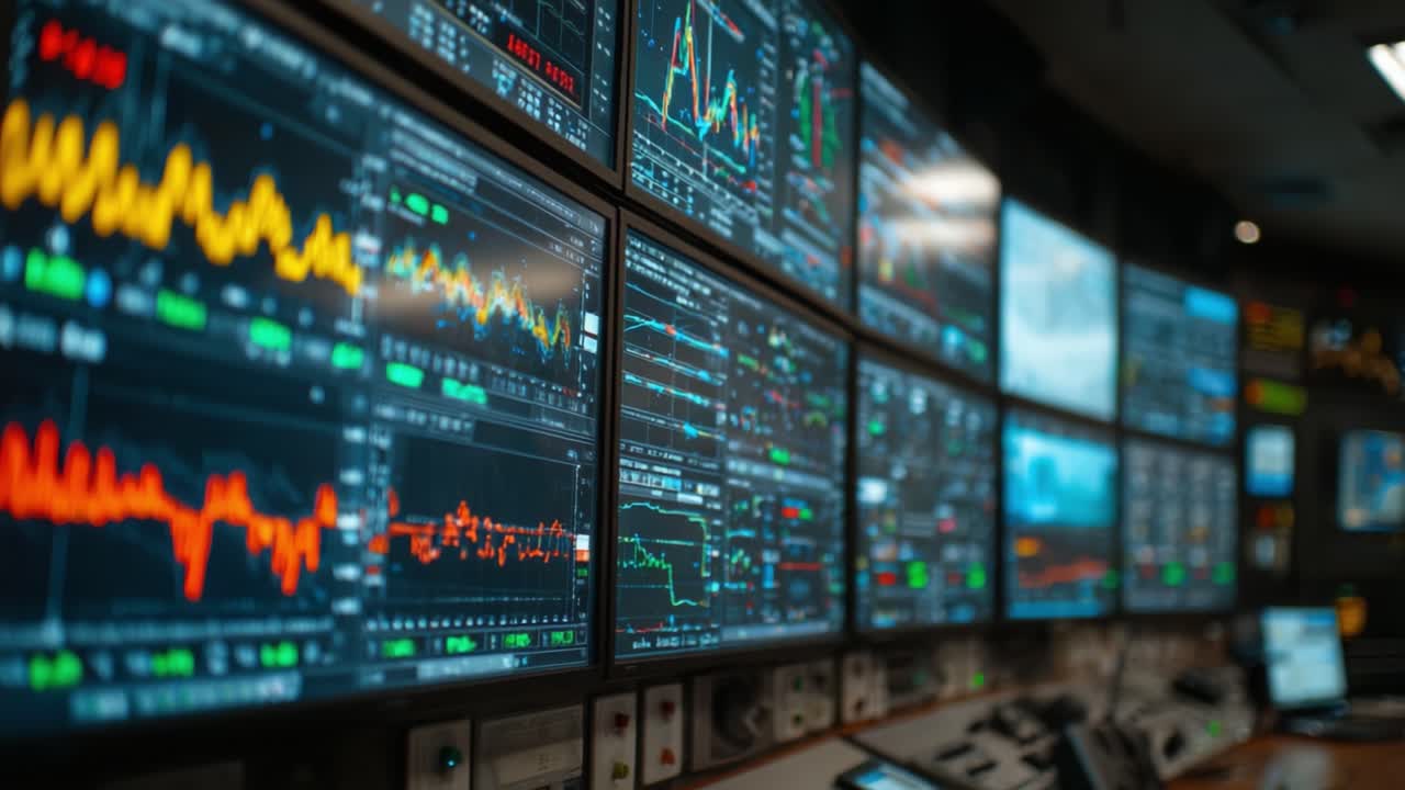 Advanced Data Analytics and Visualization Dashboard: A Comprehensive Overview of Real-Time Financial Data and Market Trends on Multiple Screens in a Control Room Setting