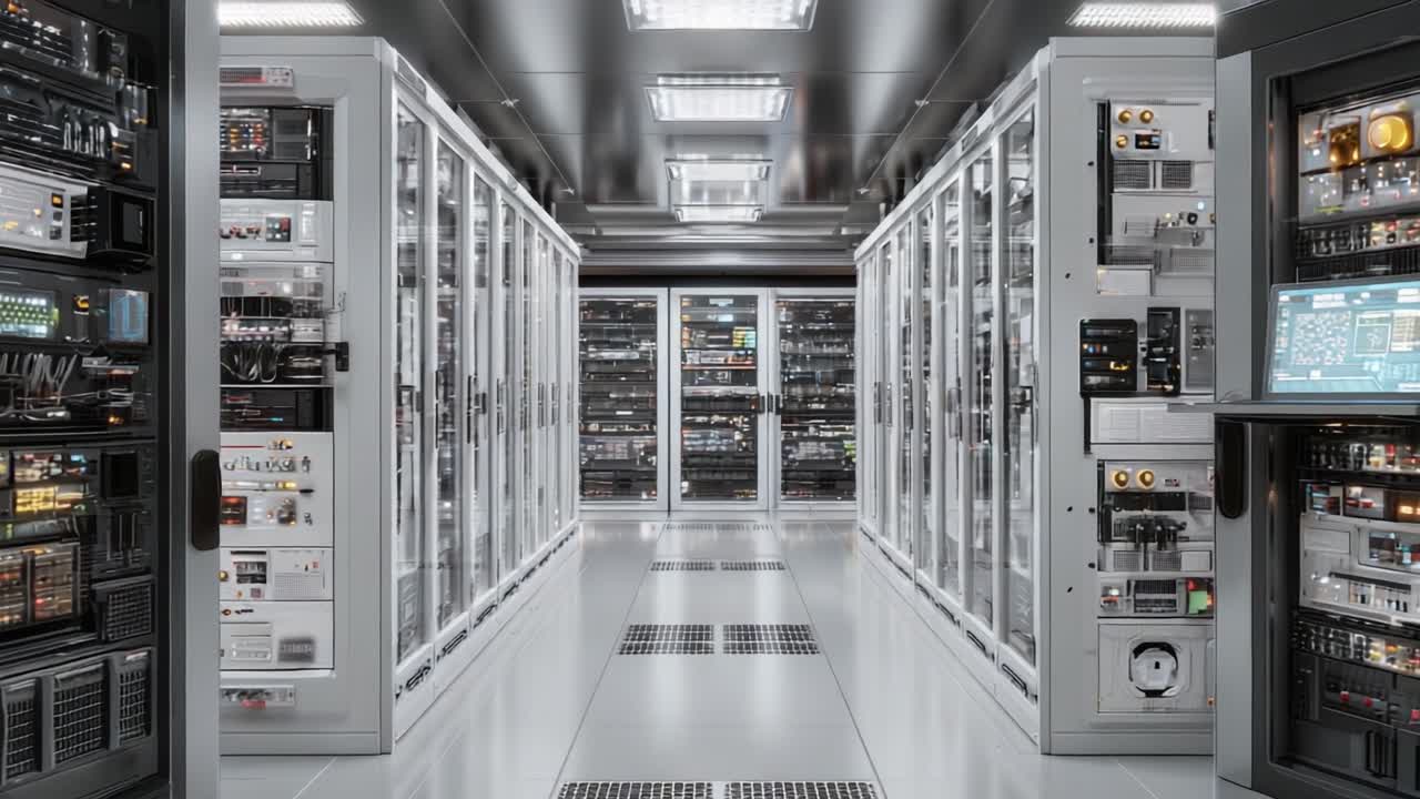 Exploring a Modern Data Center: A Detailed Examination of High-Tech Server Racks and Networking Equipment in a Sleek, Organized Digital Infrastructure
