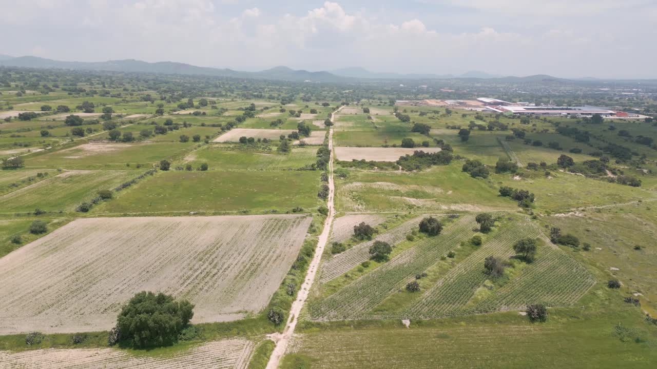 Backward Drone Aerial Pullback Over Mixed Green and Dry Agricultural Fields With Scattered Trees in Rural Mexico – Sunny Day 4K