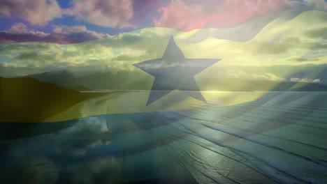 animation of flag of ghana waving over beach landscape and cloudy blue sky