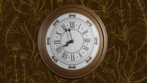 Animation-Einer-Tickenden-Retro-Uhr,-Die-Mitternacht-Mit-Goldenem-Muster-Auf-Braunem-Hintergrund-Zeigt