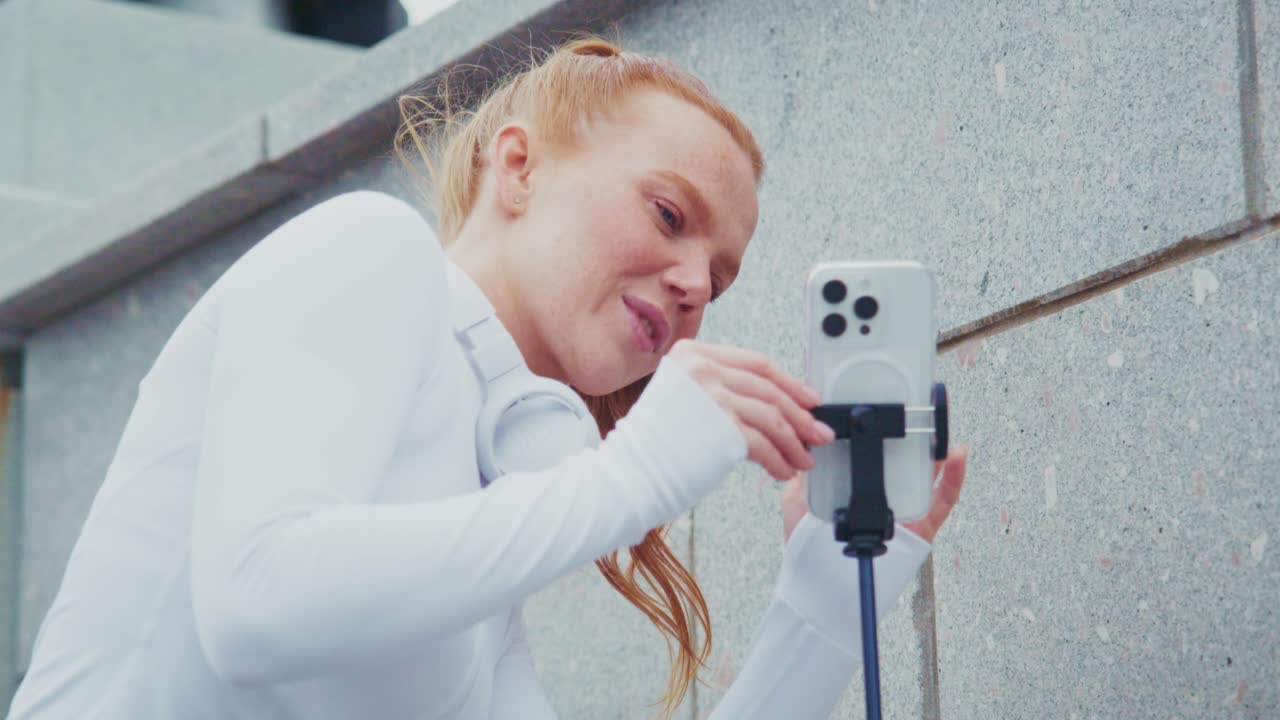 Woman using phone for vlogging