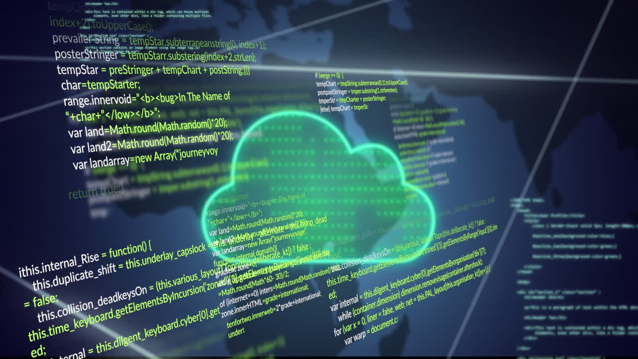 Animation of cloud, network of connections and data processing over moving map of world