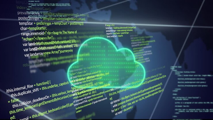 Animation of cloud, network of connections and data processing over moving map of world