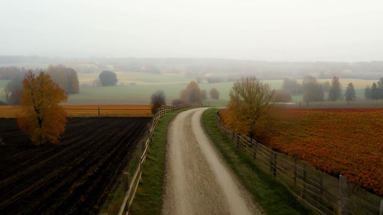 A winding dirt road through a foggy countryside