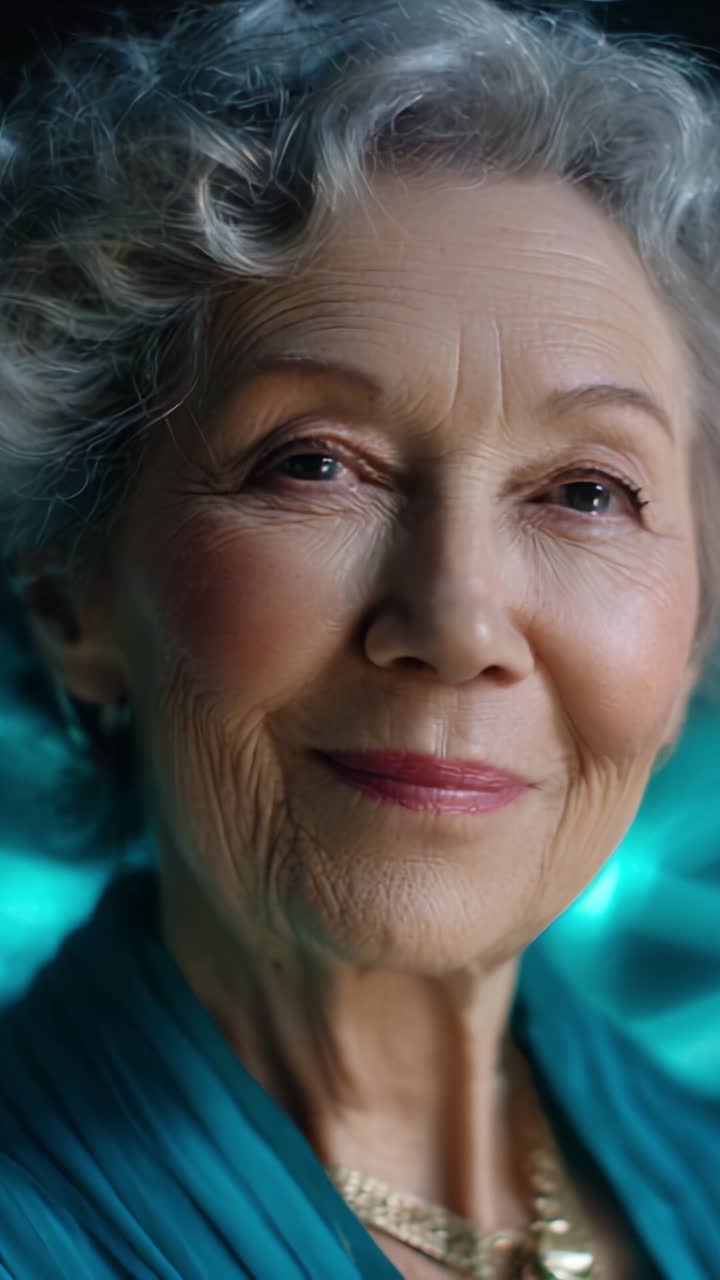 Capture of a Graceful Elderly Woman with Curly Hair Smiling Radiantly Against a Vibrant Background in Two Distinct Frames of a Heartwarming Video Moment