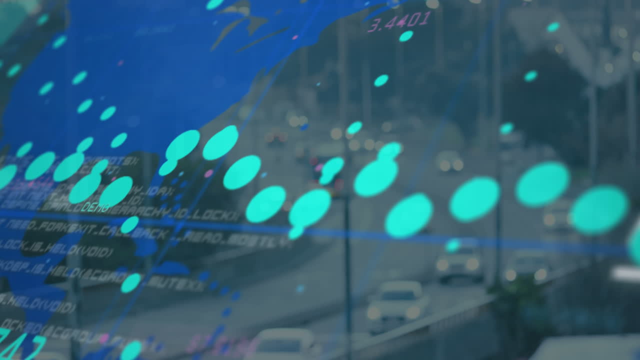 Animation of data processing over grid network and world map against aerial view of city traffic