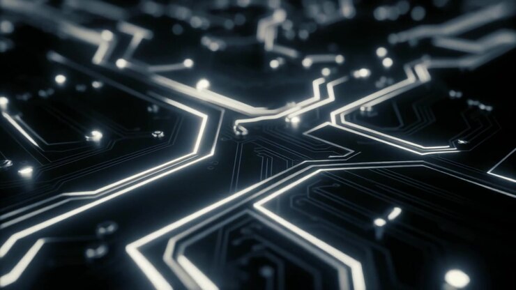Flussi di dati luminosi che si muovono attraverso una scheda di circuito digitale