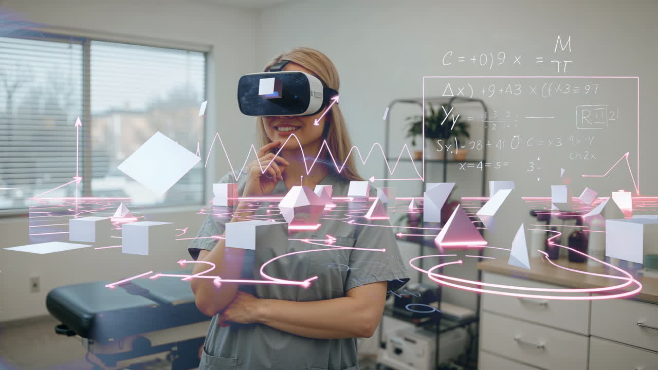 Woman Using Virtual Reality Headset for Data Visualization in a Professional Setting
