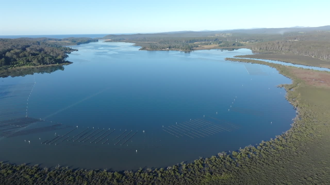 Aerial Footage of Wapengo Lake with Oyster Farms, South Coast, New South Wales, Australia