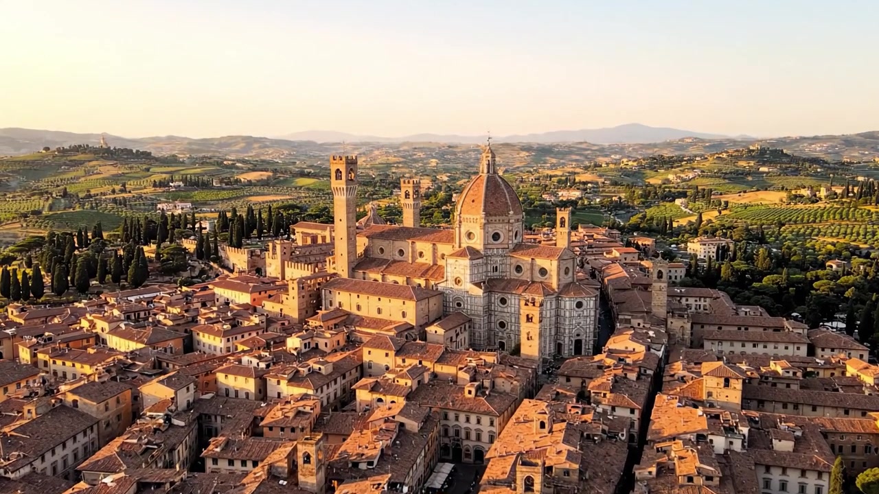 Vista aerea mozzafiato di una pittoresca città storica circondata da lussureggianti colline verdi e paesaggi ondulati all'ora d'oro.