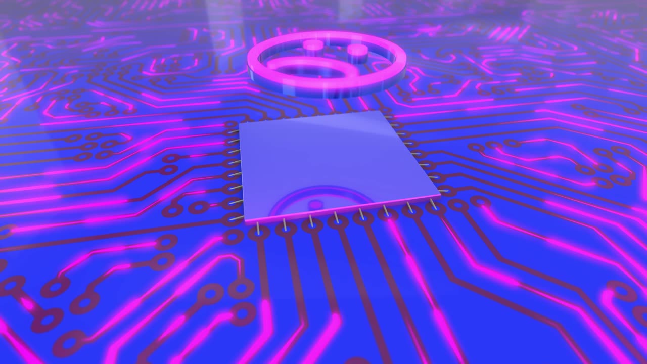 파란색과 분홍색 회전하는 컴퓨터 회로판 개념 슬픈 스마일리 루프 4k