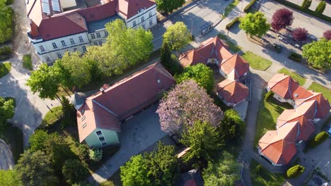 Amazing-view-of-houses-rooftops,-trees-aerial-view-from-above-of-ancient-town-Kapuvar,-Hungary