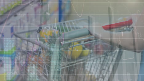 animación del procesamiento de datos sobre mujer caucásica en la tienda