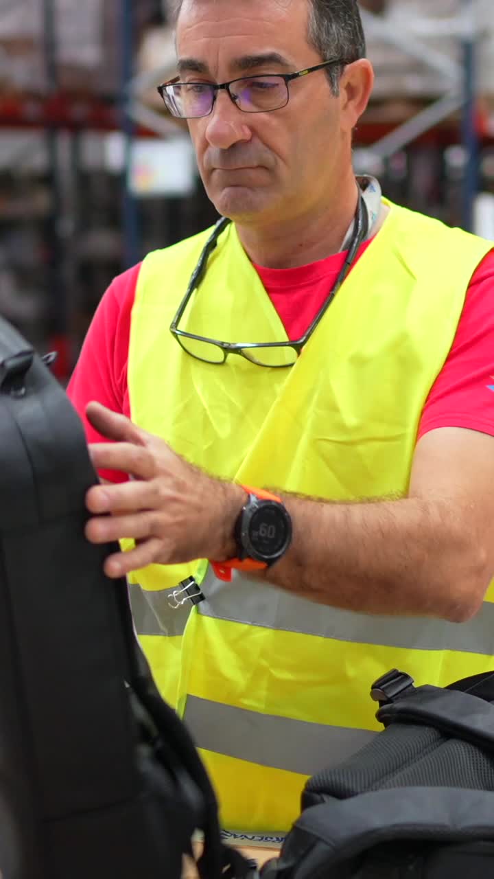 A man holding a backpack in a warehouse