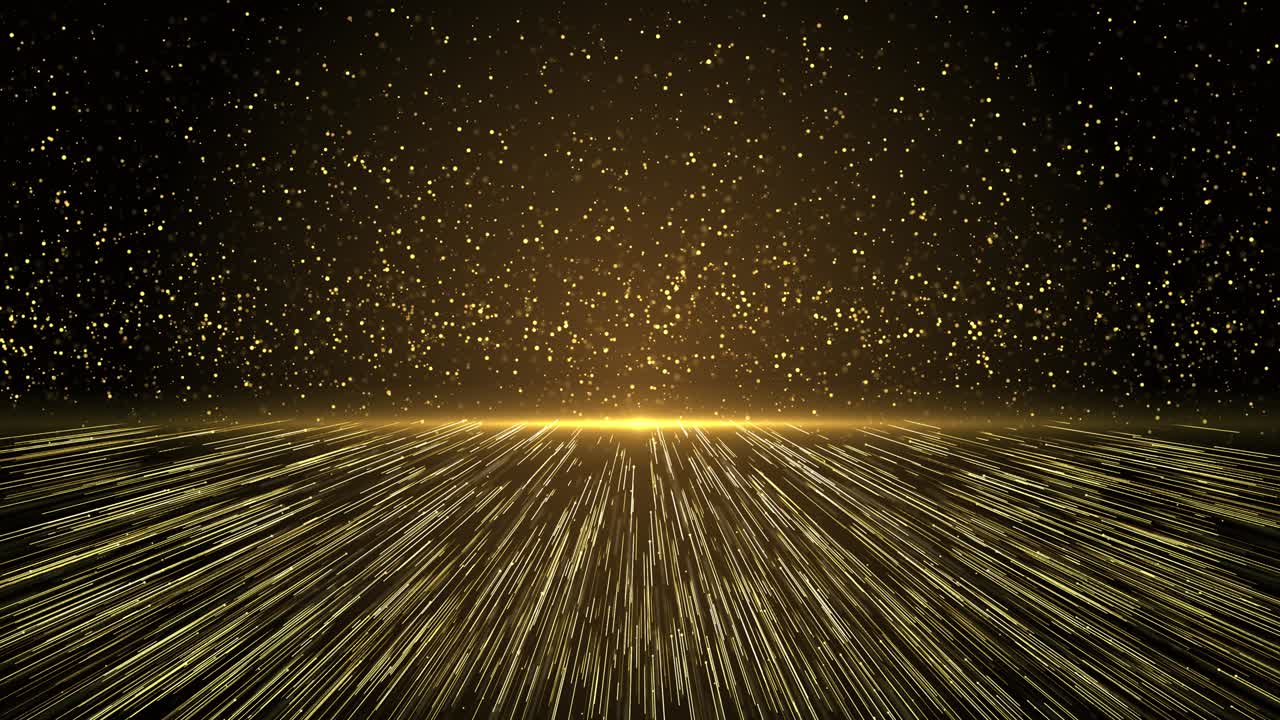 추상적이고 창의적인 황금빛, 줄무 모양의 루프, 반이는 질감의 입자가 아래로 떨어집니다.