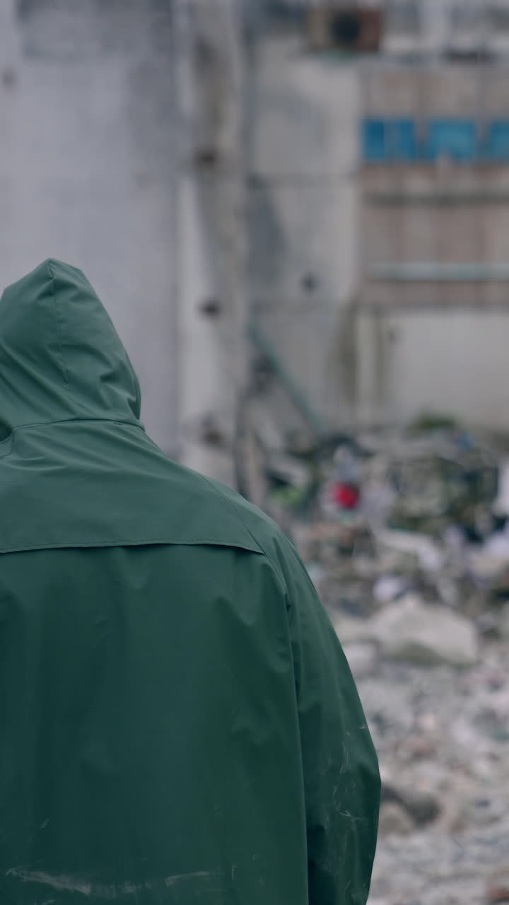 Stalker survivor after nuclear chemical war. Man in protective uniform and gas mask in destroyed place. Man-made disaster. Post apocalyptic world. Back view. Vertical video