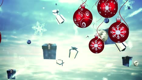 Animation-of-christmas-tree-balls-over-christmas-symbols-on-bright-background