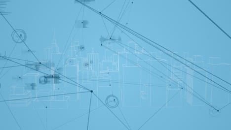 animación de la red de conexiones y procesamiento de datos sobre la ciudad sobre fondo azul