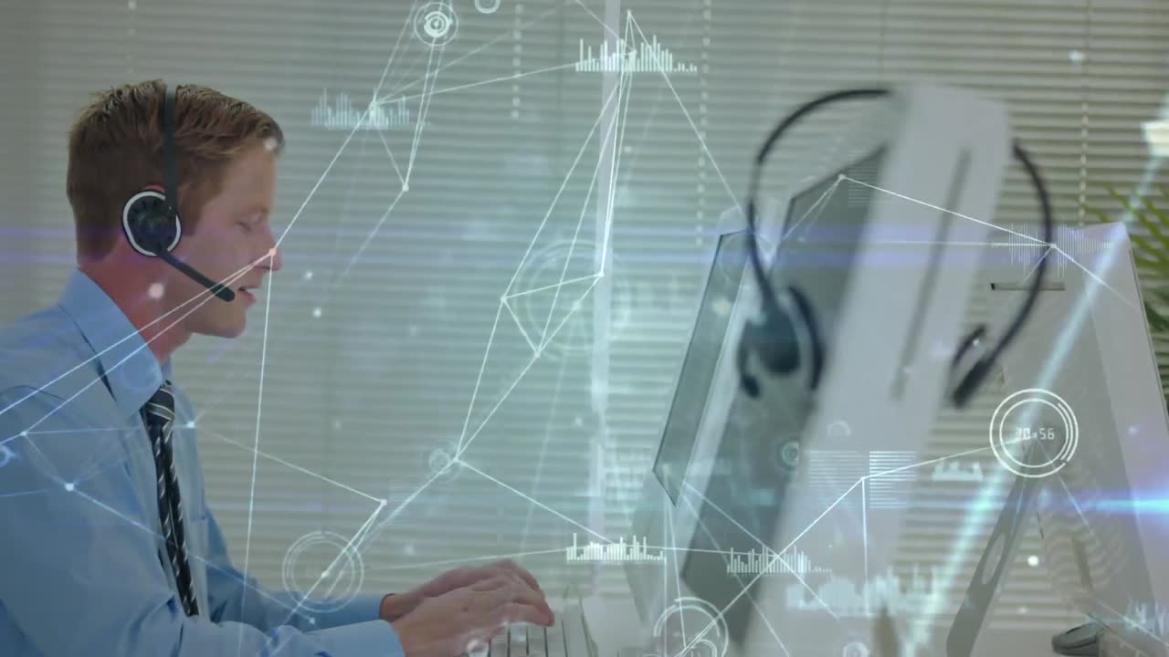 animación de la red de conexiones a través de un hombre de negocios con auriculares de teléfono