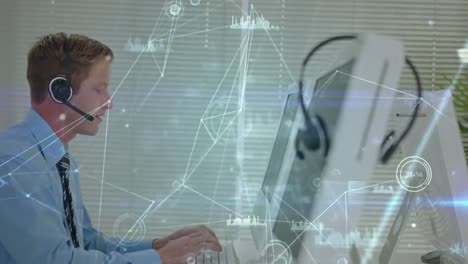 animación de la red de conexiones a través de un hombre de negocios con auriculares de teléfono
