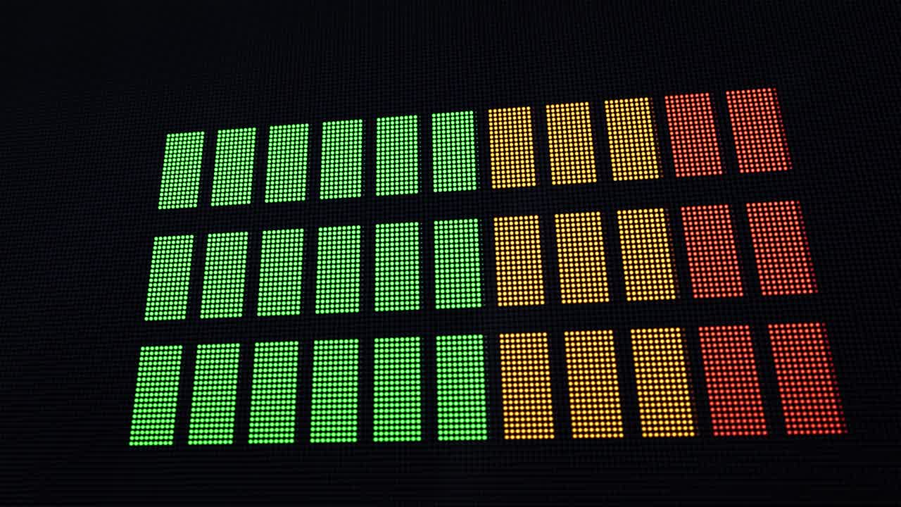 수평 볼륨 레벨 막대가 dof와 함께 위아래로 움직이는 애니메이션 3d led 디스플레이와 카메라가 디스플레이 가까이에서 빠르게 이동하여 전체 프레임으로 가져옵니다.