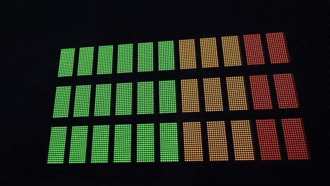 Animierte-3D-LED-Anzeige-Mit-Horizontalen-Lautstärkebalken,-Die-Sich-Mit-Dem-DOF-Nach-Oben-Und-Unten-Bewegen,-Und-Der-Kamera,-Die-Sich-Schnell-Aus-Der-Nähe-Des-Displays-Entfernt,-Um-Es-Im-Vollbild-Anzuzeigen