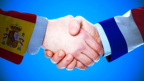 spain - france   / handshake concept animation about countries and politics / with matte channel