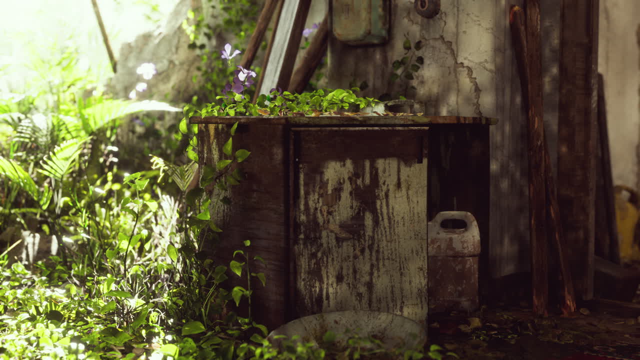 폐허가 된 버려진 식물로 뒤 ⁇ 인 내부