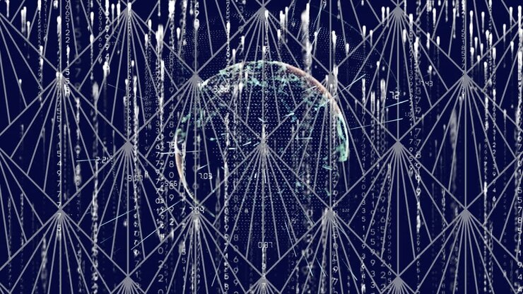 Animation of globe spinning and network of connections over pattern